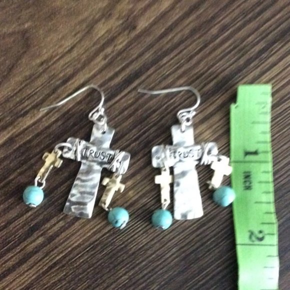 5/$25 SALE - NEW Trust Cross Turquoise Earrings - Picture 4 of 4